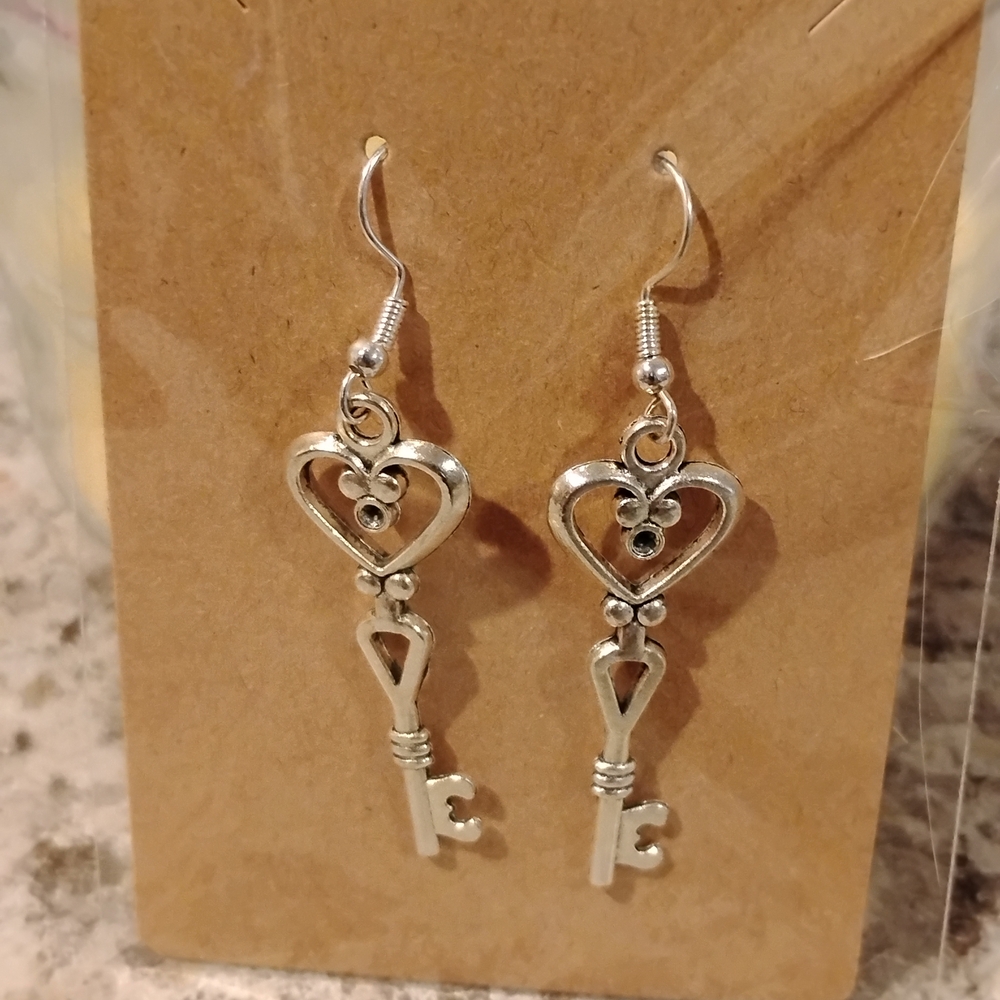 Silver Key Heart Earrings